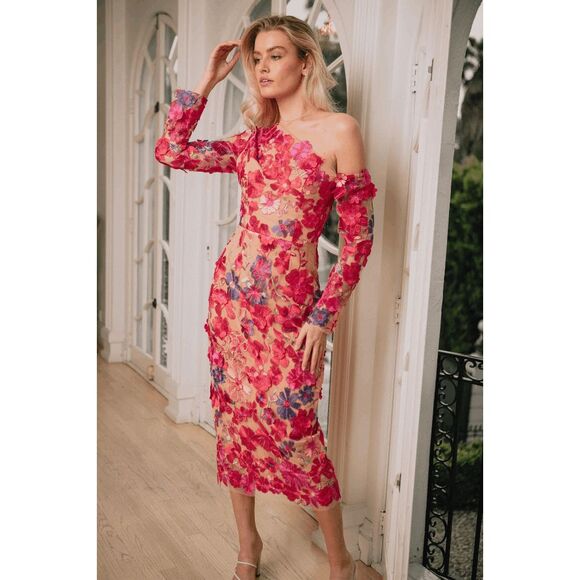 NWT Elliatt Merriment Electric Floral Appliqué Midi-Dress Red Beige Small $495 - Picture 1 of 10